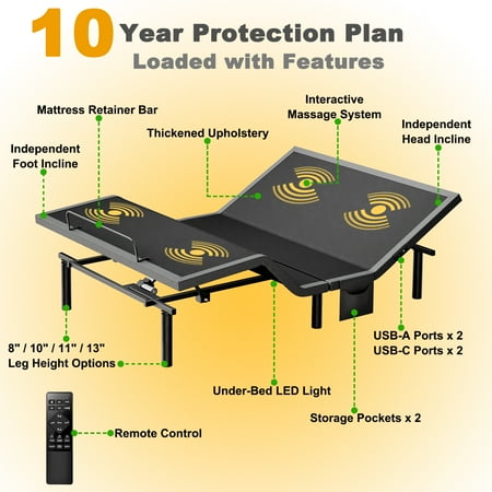 CHITOOMA Electric Adjustable Bed Frame Queen with Massage (4 Modes & 3 Intensities), Wireless Remote, Zero Gravity, 4 USB Ports, Under-Bed Nightlight, 3 Minutes Fast Assembly