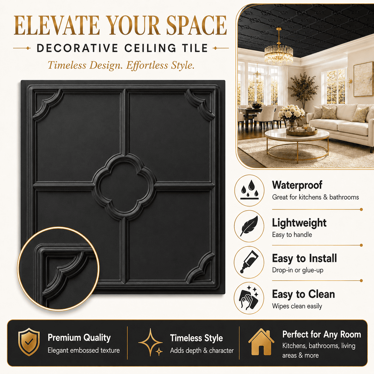Yeslife 12-Pack Decorative Ceiling Tiles, 2 x 2 ft Black Embossed Panels, Waterproof Lightweight Drop-in Glue-up for Living Room Kitchen Bathroom, 48 sq ft