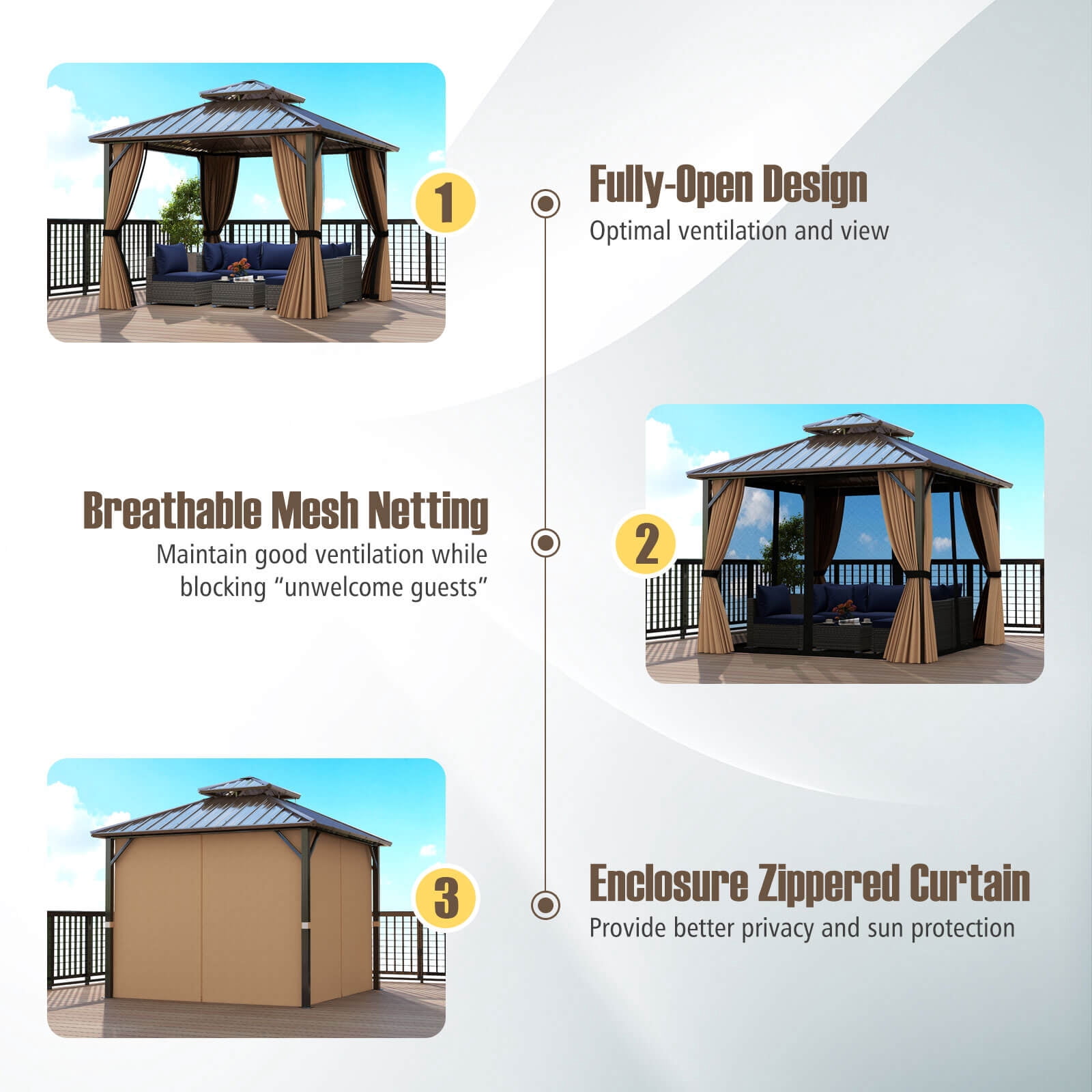 Costway 10 x 10 FT Hardtop Gazebo with Netting Heavy-Duty Double-Roof Galvanized Metal Top