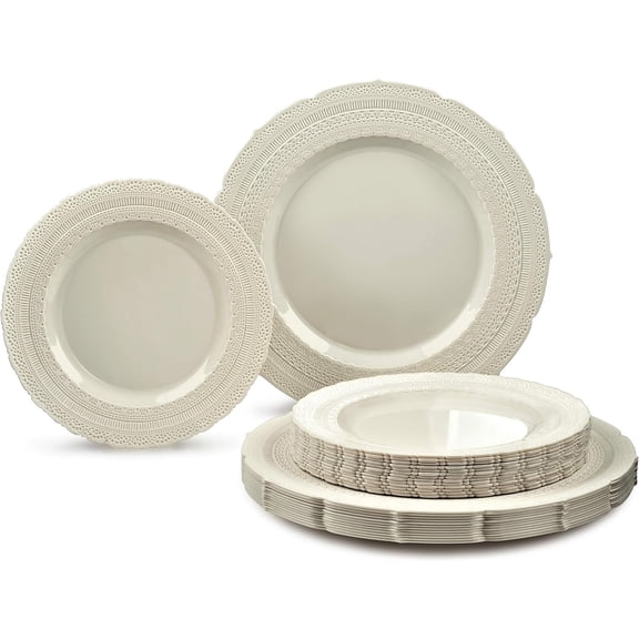 50 Plates Pack (25 Guests)-Extra Heavyweight Vintage Wedding Disposable/Reusable Plastic Plates -25 x 11'' Dinner 25 x 8.25'' Salad/dessert (Chateau Collection Ivory)