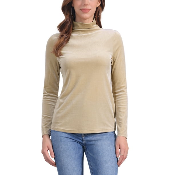 INSPIRAR CHIC Blusa de Mujer de Manga Larga Cuello Mock Cuello de Tortuga de Terciopelo Elástico XS Albaricoque