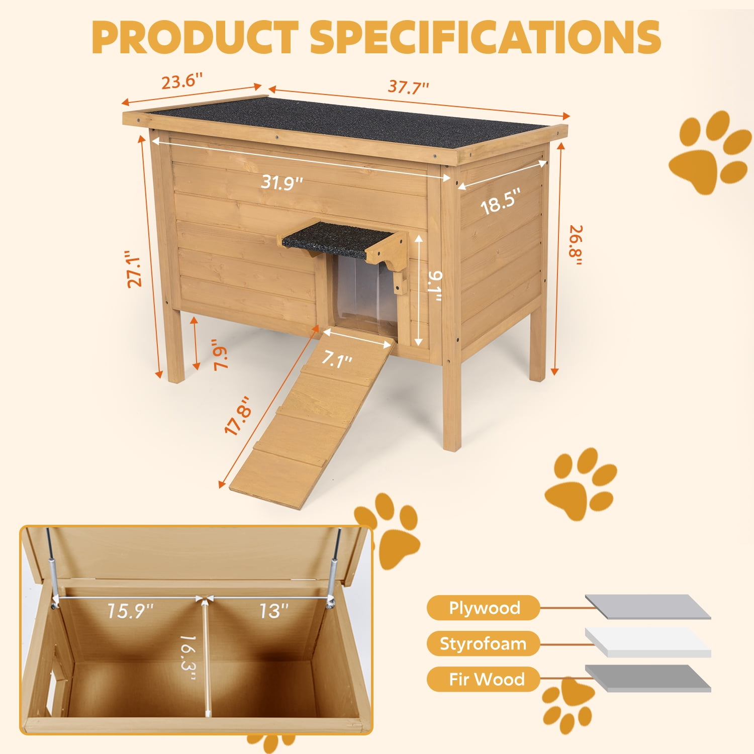 Hidpriva Insulated Wooden Outdoor Cat House, Weather-Resistant Feral Cat Shelter for Winter w/ Foldable Ladder & Visible Window, Brown