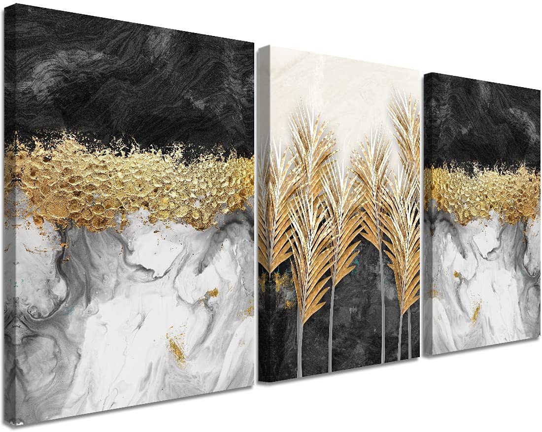 Large Modern Black and Gold Wall Art Decor for Living Room White Marble