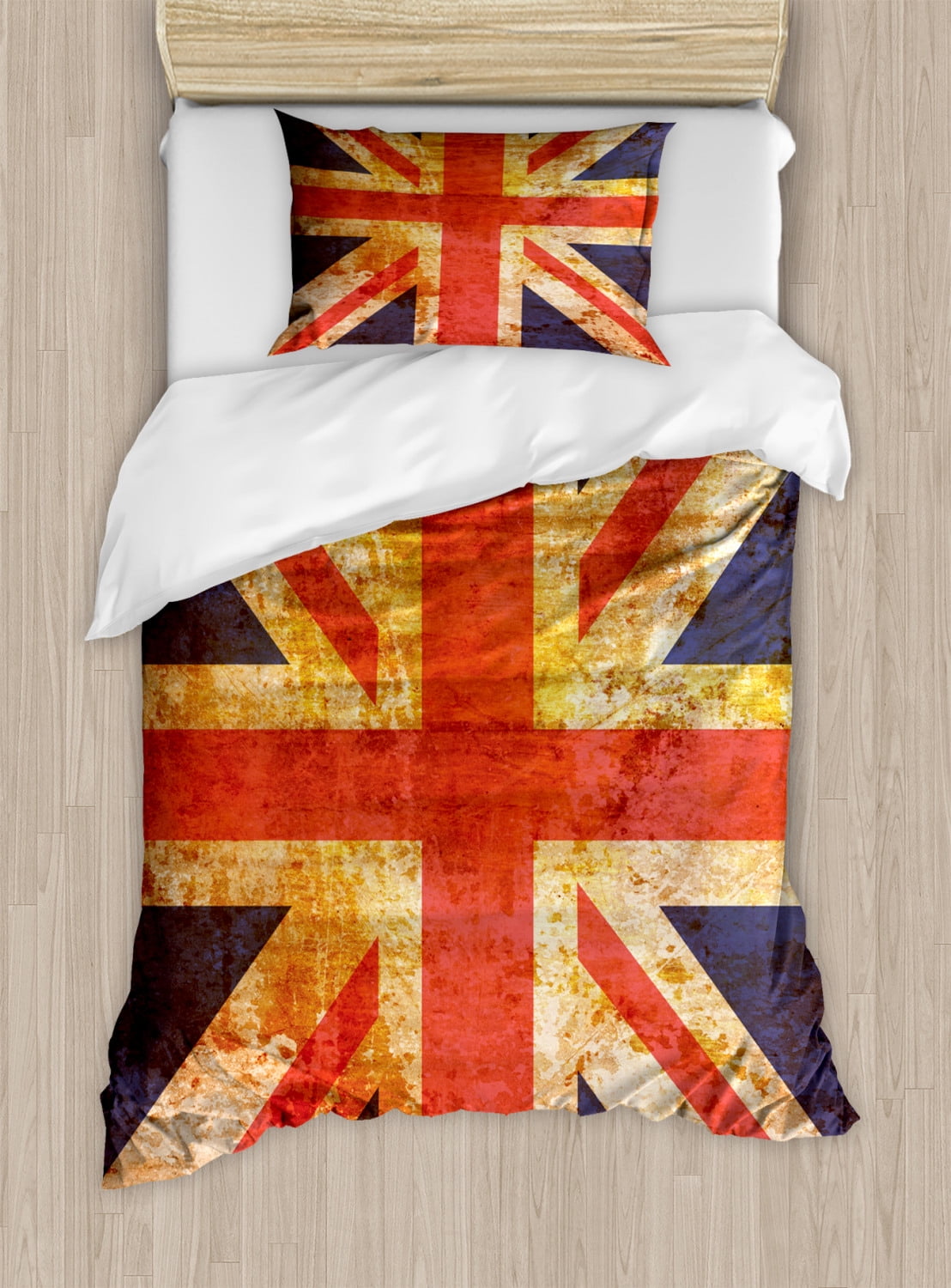 England Duvet Cover Set, Union Jack Motif with Grunge Style Composition