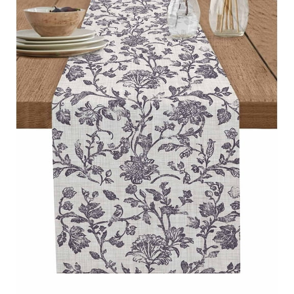 Spring Flowers Burlap Cotton Table Runner 14x72 Inches Long, Farmhouse Purple Pastoral Floral Leaf Farmhouse Table Runners, Outdoor Dining Tablecloths Decor for Baby Shower/Party/Wedding