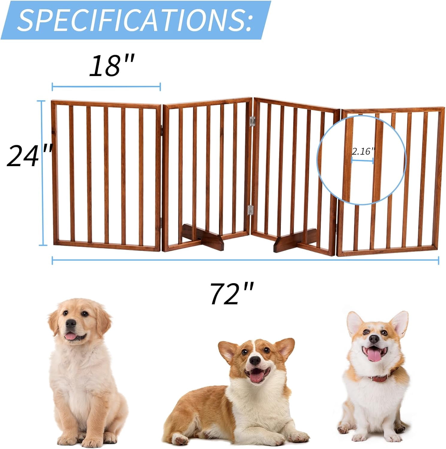 BONNLO Free Standing Dog Gate Indoor, Foldable Pet Gate for Dogs and Puppy, 24" Height Wooden Dog Gates for Doorways Extra Wide/Stairs/Hallways (Brown, 3 Panel)