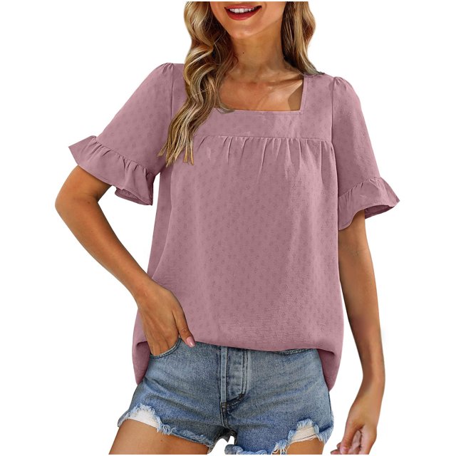 Blusas y blusas para mujer Elegantes camisas de verano con mangas con volantes y cuello cuadrado Blusas con lazo en la espalda OAVQHLG3B Store lin121212