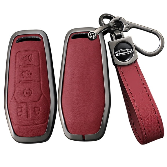 5-Button Key Case with Keychain, Metal and Leather Key Cover, Full Protection, Fit for Ford F150, Fusion, Mustang, Edge, Explorer 2013-2017