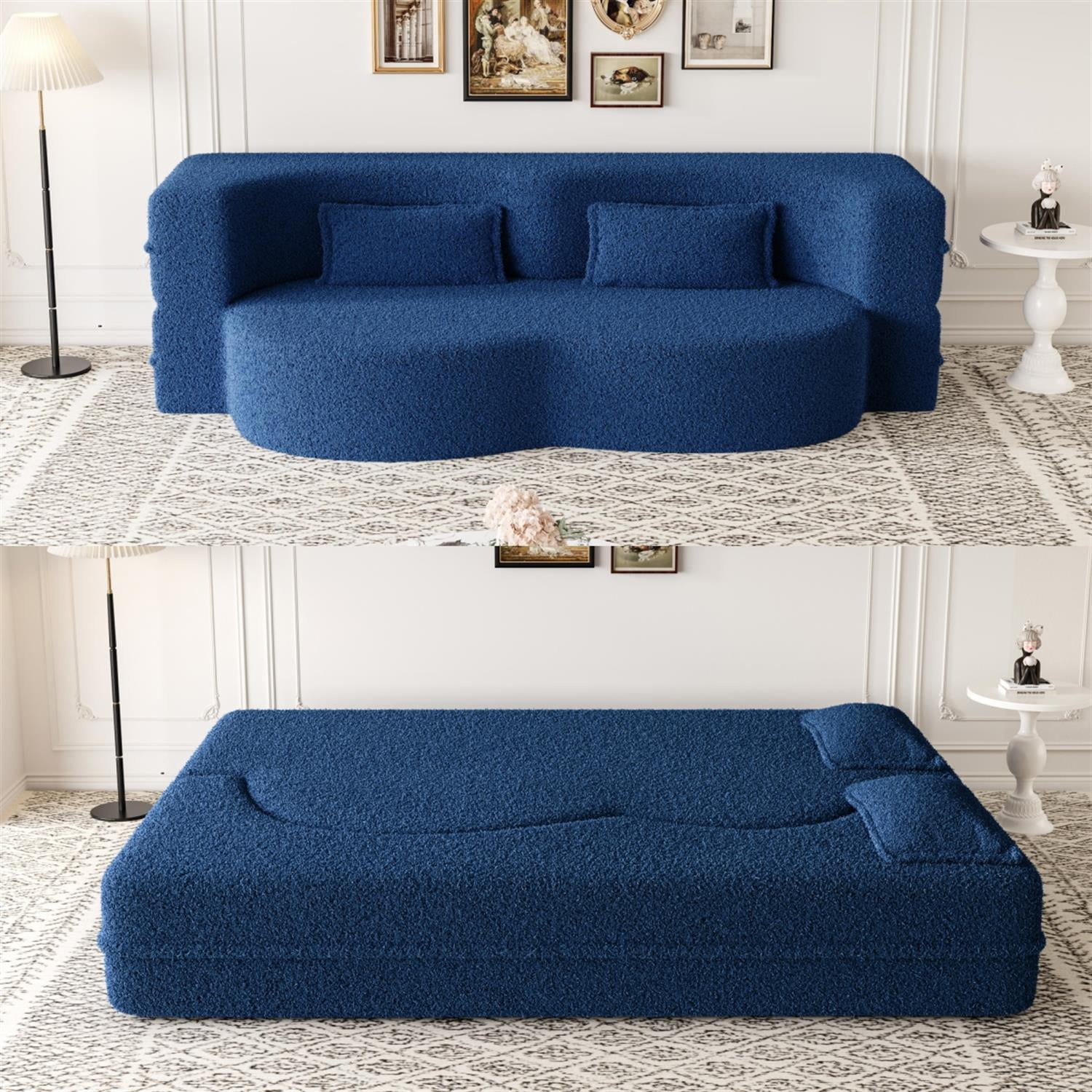 Demi Bonn 78" Modern Floor Sofa Bed with 2 Pillows, Convertible Teddy Fabric Full Size 15" Foam Mattress, No Assembly, Stylish Sleeper Couch for Living Room, Blue