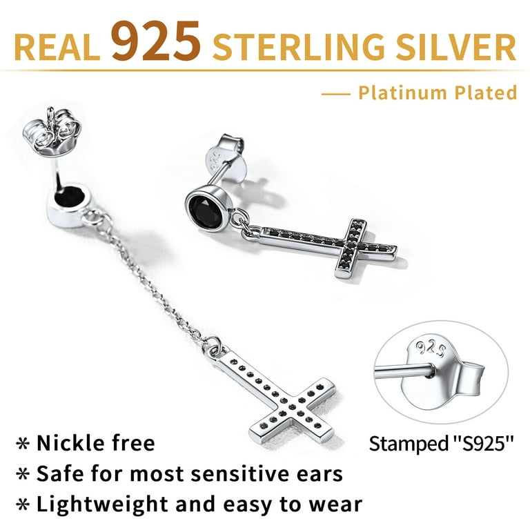 925 Sterling Silver Inverted Upside Down Cross Dangle Earrings Black Women  Men