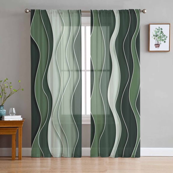 ERUNPONLY Green Ombre Sheer Curtains 96 Inch Length 2 Panels Set, Abstract Art Moire Ocean Waves Voile Window Treatment Semi Sheer Long Curtains Drapes for Bedroom/Living Room/Kitchen 52"x96"x2