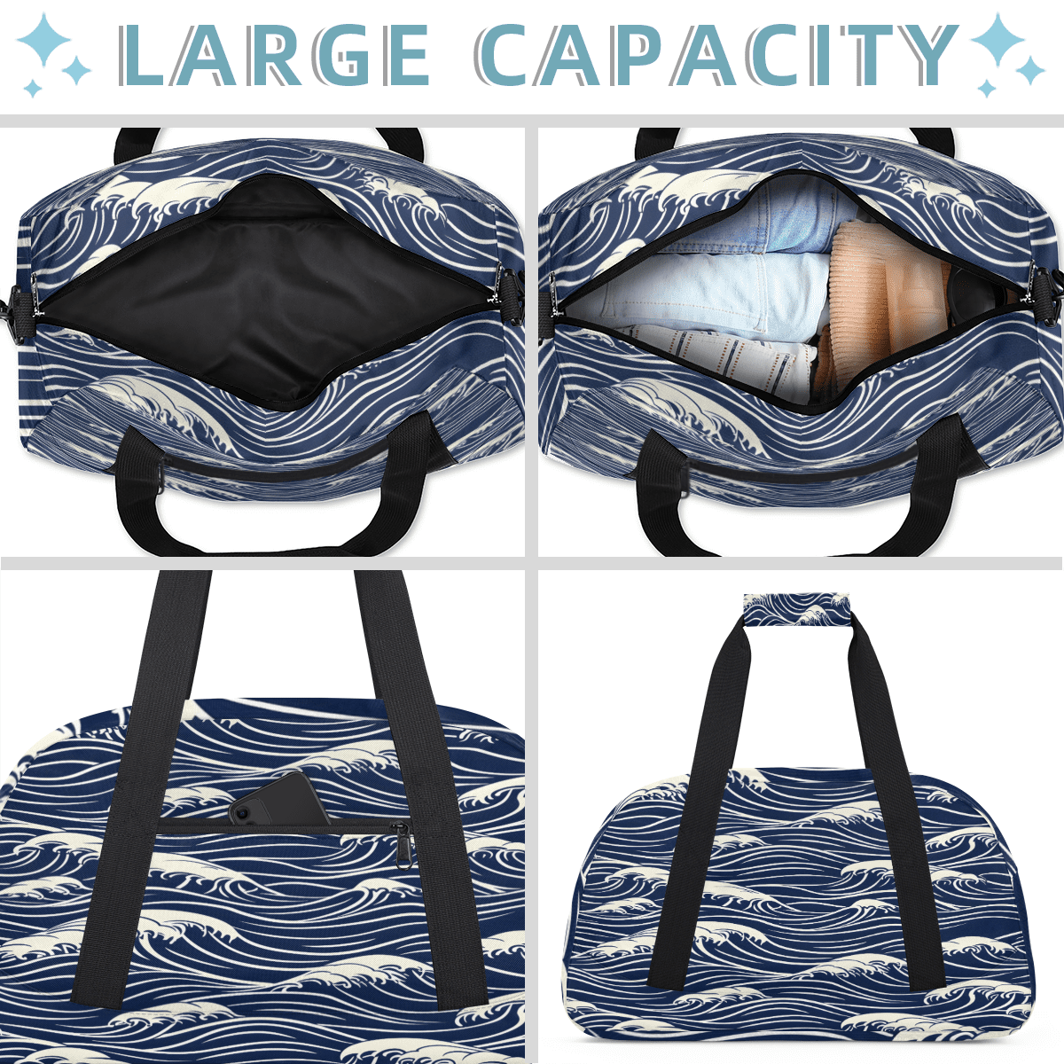 Herdesigns Blue Sea Wave Sports Duffle Bag for Women & Men, Ocean Theme Gym Bag Dance Bag Overnight Bag Carry On Weekender Travel Bag