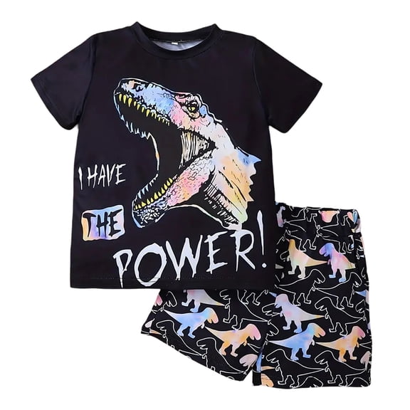 Tfken Summer Outfit Sets For Boys Short Sleeve Crew Neck Print Tops With Solid Color Shorts Set Summer Casual Baby Cute Outfit Black Size 11-12 Years