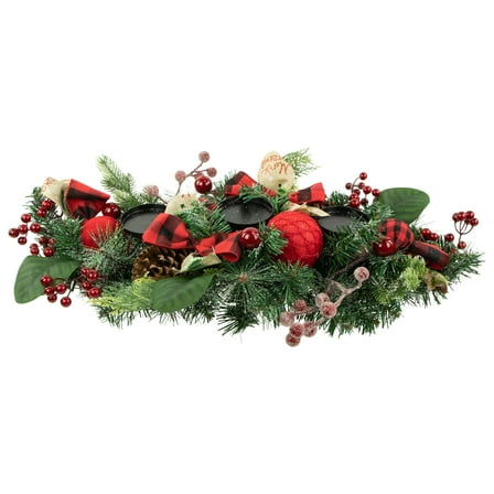 Northlight Pine and Berries Triple Candle Holder with Plaid Bows and Christmas Ornaments - 30"