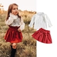 thumbnail image 1 of FOCUSNORM 2pcs Kids Girls Clothes Set, High Neck Lace Hem Pullover and Solid Color Skirt, 1 of 10