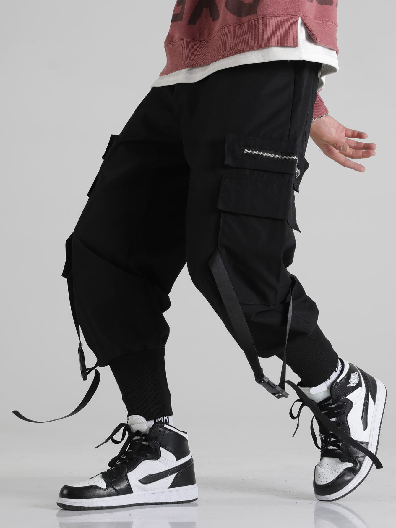Men Flap Pockets Buckle Tape Cargo 