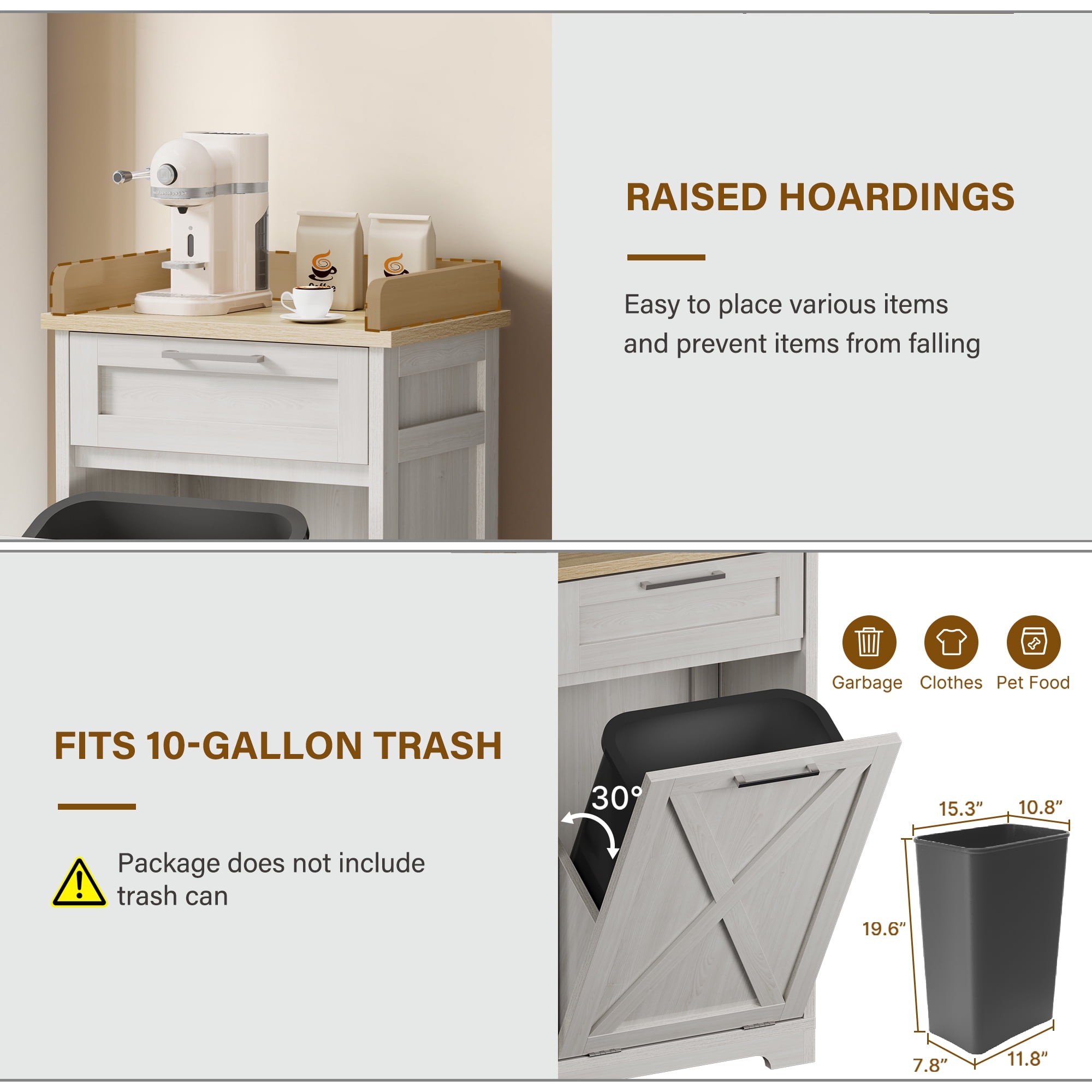 Uforic Kitchen Buffet Storage Cabinet with Drawer, Trash Storage Cabinet for 10-gal Trash Can, White