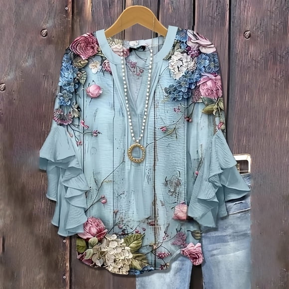 YLHFASHION Womens Tops 3/4 Length Sleeves Tops Sleeve Tops Half Button Down Summer V Neck Tops Summer Savings Clearance Women's Long sleeve T-shirt