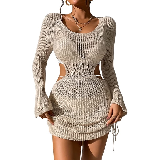 Vestido para mujer, sin espalda, con cordón, recortado, manga larga, con lazo en la espalda, traje de baño Albaricoque M Albaricoque M Xishao ropa