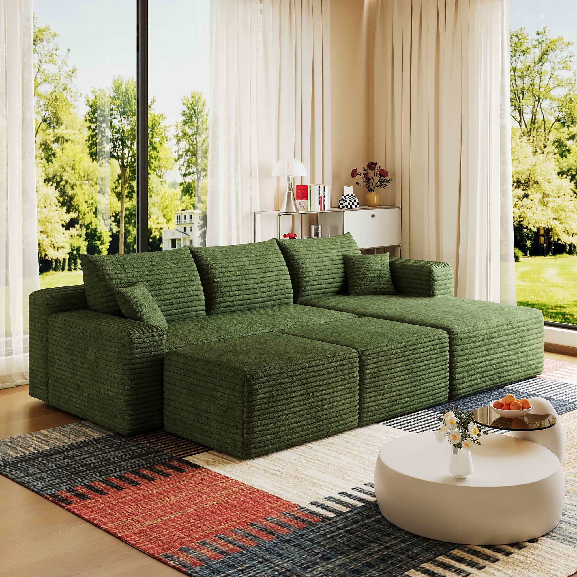 MAYEERTY 95 Inch U‑Shaped Cloud Sectional Sofa with 2 Ottomans, Modern Deep‑Seat Corner Couch, Plush Corduroy Reversible Sofa, No‑Assembly for Living Room Bedroom Apartment