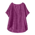 thumbnail image 4 of Linen Shirts for Women Fashion Summer Cotton Gauze Plus Size Tops Short Sleeve Crew Neck Dressy Casual Blouses 2026 Purple 2XL, 4 of 5