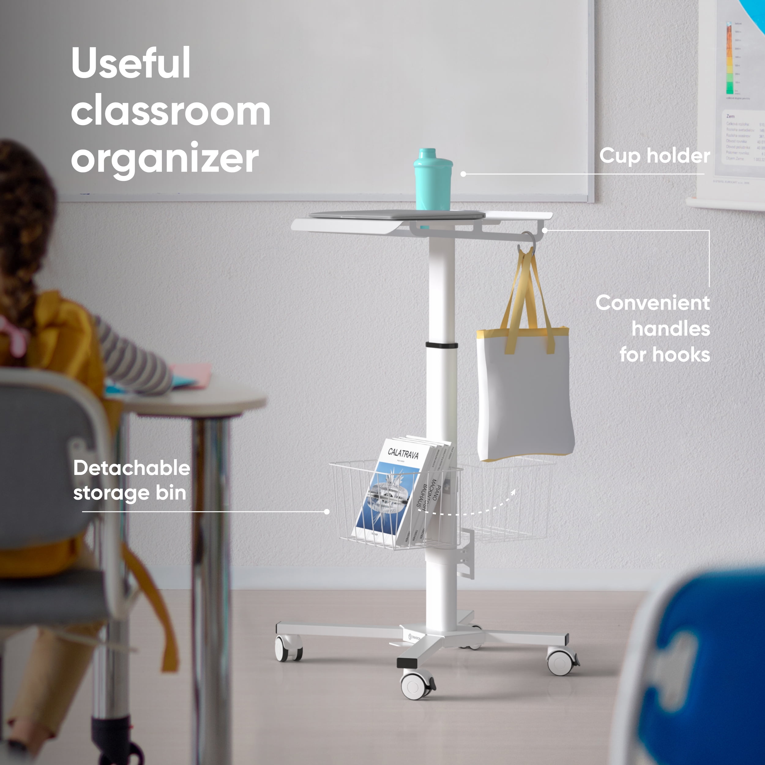 ONKRON Rolling Laptop Stand - Computer Cart with Wheels - Standing Desk On Wheels - Foot Pedal Pneumatic Desk - Rolling Desk Adjustable Height - Utility Medical Cart - Desk Load up to 17.6 Lbs, White