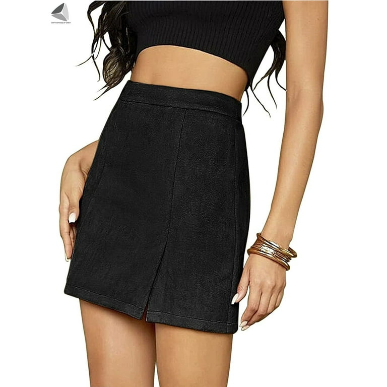 PULLIMORE Womens Faux Suede Short Skirt A Line Knee Length Split