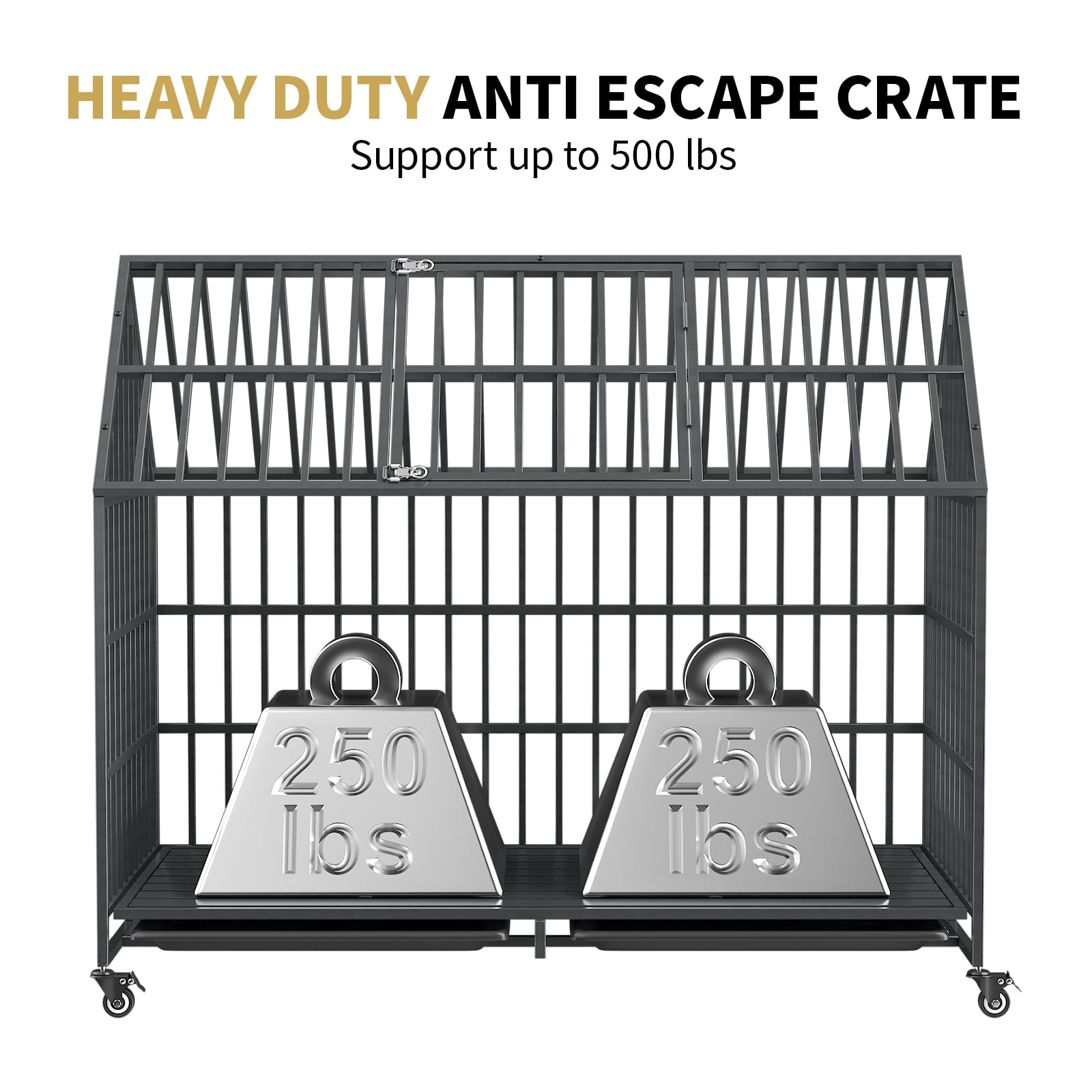 54 Inch Heavy Duty Dog Crate Extra Large Dog Cage Kennel, Indestructible XXL Dog Crate with Roof Top, Trays and Wheels, Escape Proof for High Anxiety Giant Dogs