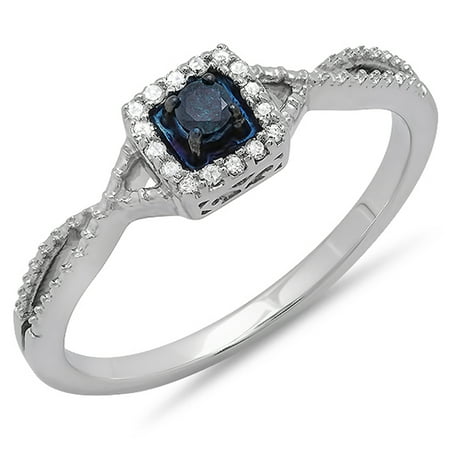 - 0.15 Carat (ctw) 18K White Gold Blue and White Diamond Ladies Crossover Split Shank Bridal Promise Ring