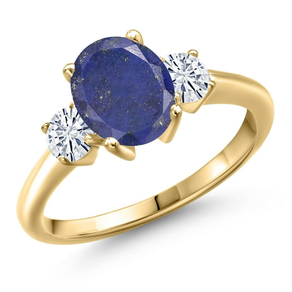 Gem Stone King 10K Yellow Gold Blue Lapis and White Moissanite Engagement Ring for Women | 2.46 Cttw | Oval 9X7MM | Gemstone Birthstone | Size 6
