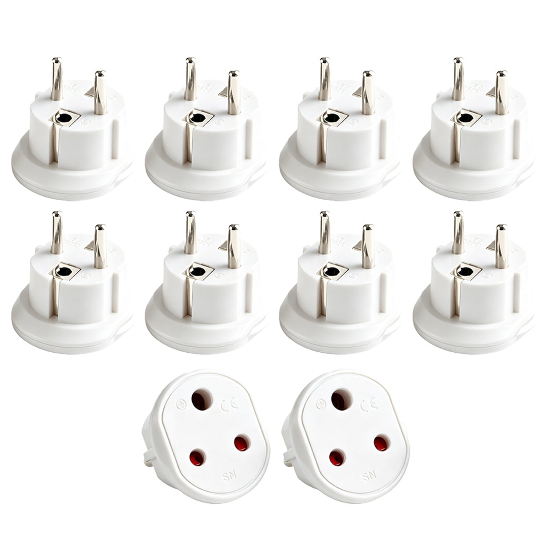 Strhowill 10 Pack White SN-9 German Standard 4.8MM Male Plug to Small South African Standard Socket Travel Converter Adapter EU Schuko 2 Pin Plug Adaptor
