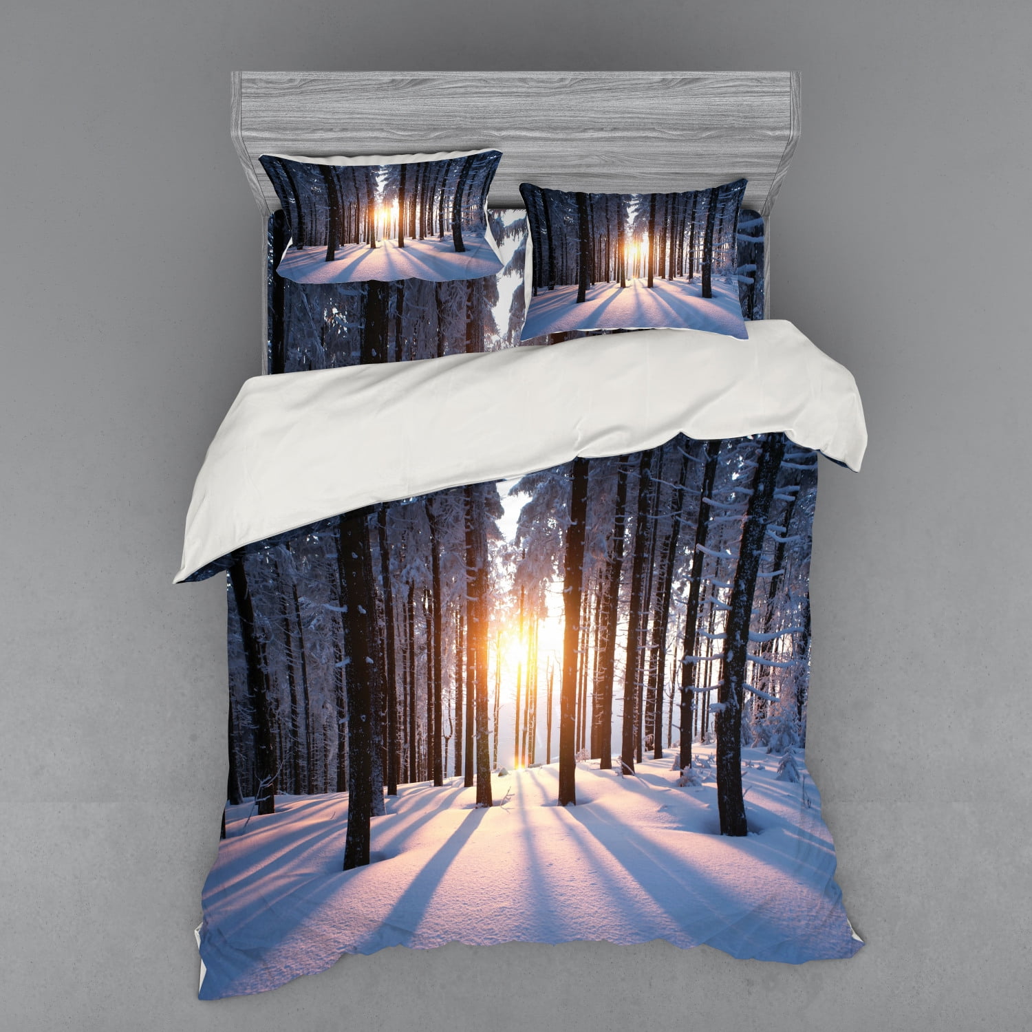 Winter Duvet Cover Set, Mystical Appearance of Sunset in Woodlands with