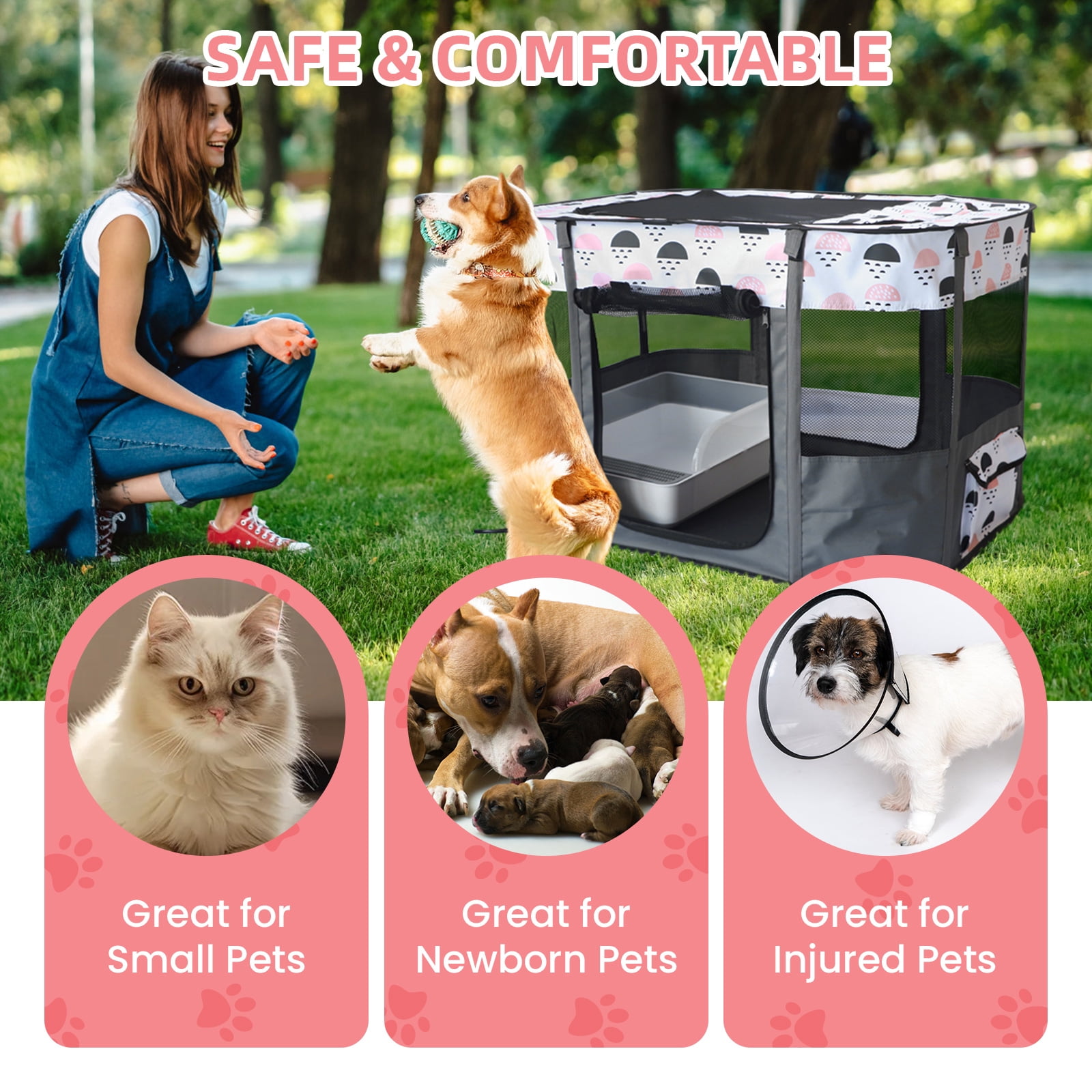 Luxvie Extra Large Pet Playpen, Foldable Dog Cat Playpens Cat Cage Exercise Kennel Tent, Dog Kennel With Removable Shade Cover, Dog Crate Indoor Outdoor Travel Camping Use, Gray