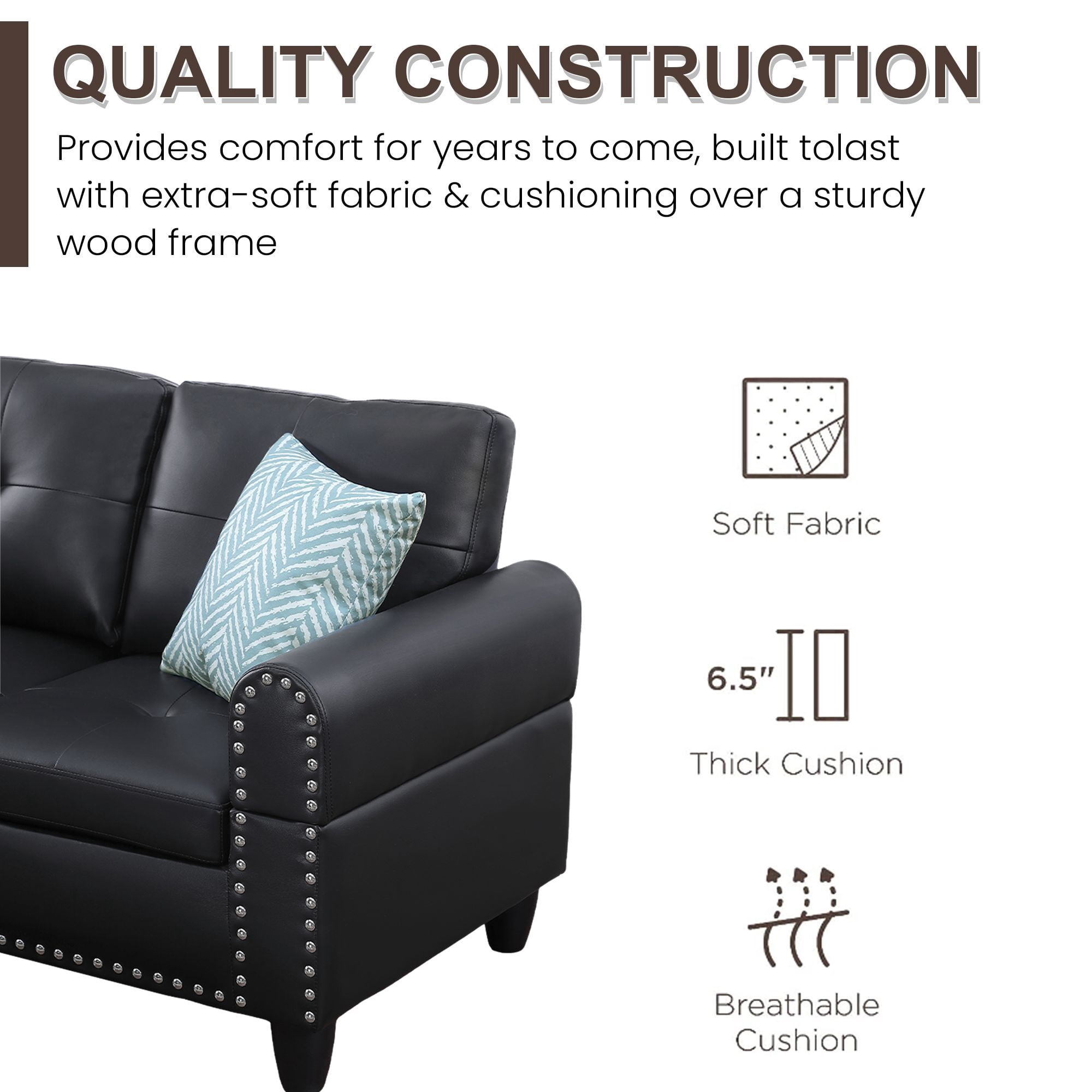 DEALTOPS L-Shaped Sectional Sofa Set with Storage Ottoman - Leather Upholsted Sofa Couch, Nailhead Trim, Black
