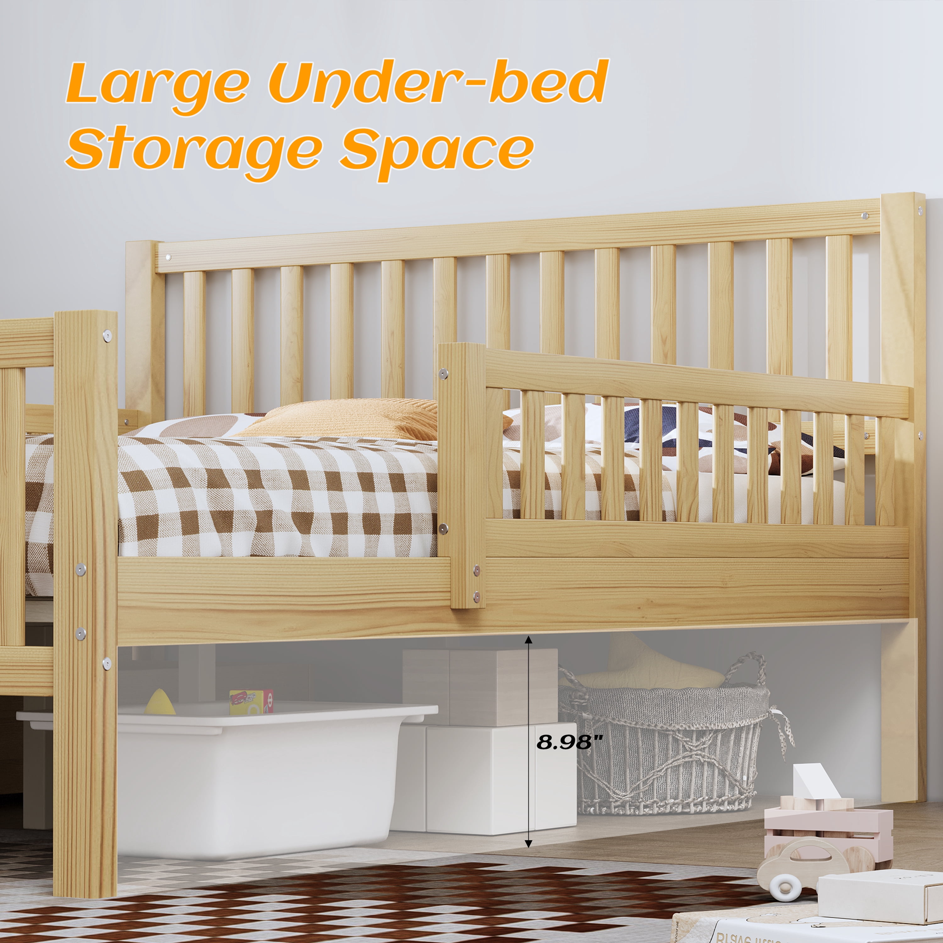 Euroco Wood Full Size Platform Bed with Guardrails and Drawers for Kids Teens Toddlers, Natural