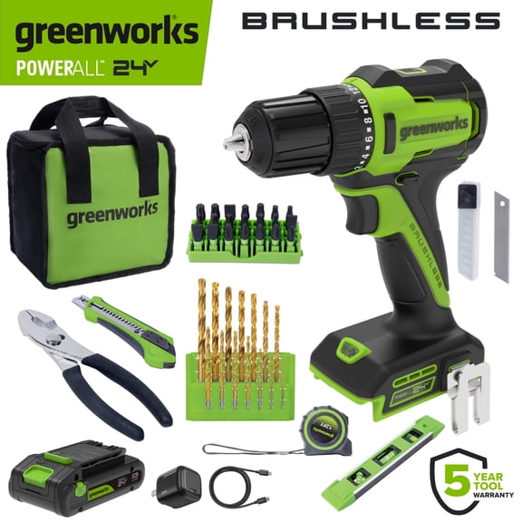 Greenworks PowerAll 24V Brushless 3/8" Drill Driver with 2Ah Battery and Hand Tools, PK301A1