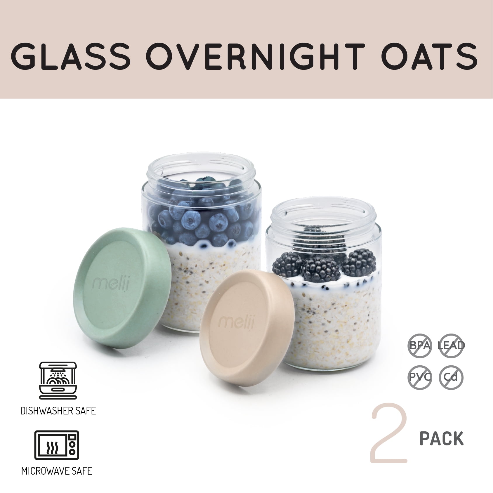 Melii Glass Overnight Oats Food Storage Container Set, 2 Pack, Ivory and Sage