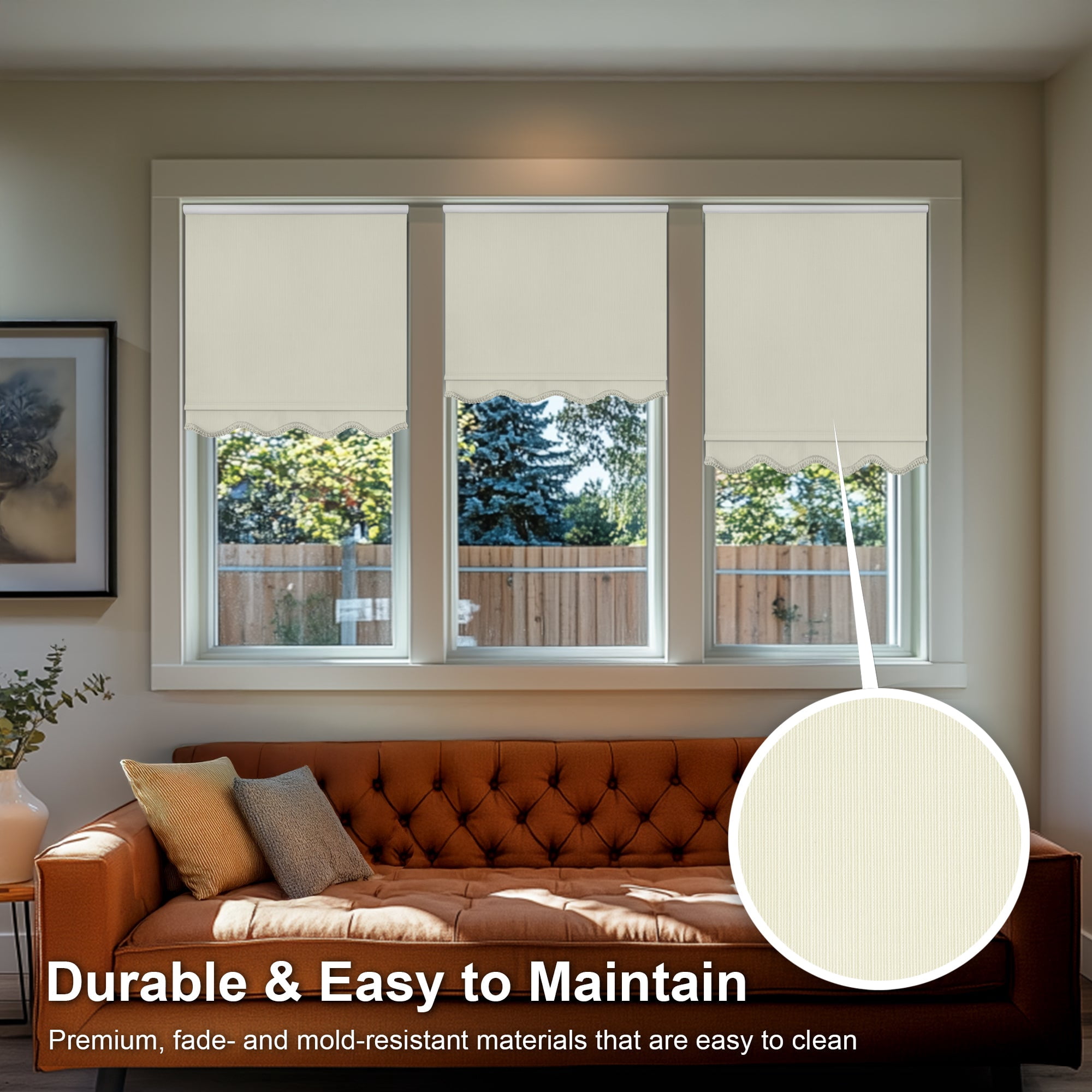 Chicology Textured Blackout Roller Shades with Fringe | Cordless Light Filtering Window Blinds |51"W X 64"H | Decorative Privacy Shades for Home & Office | Easy Install | Ivory