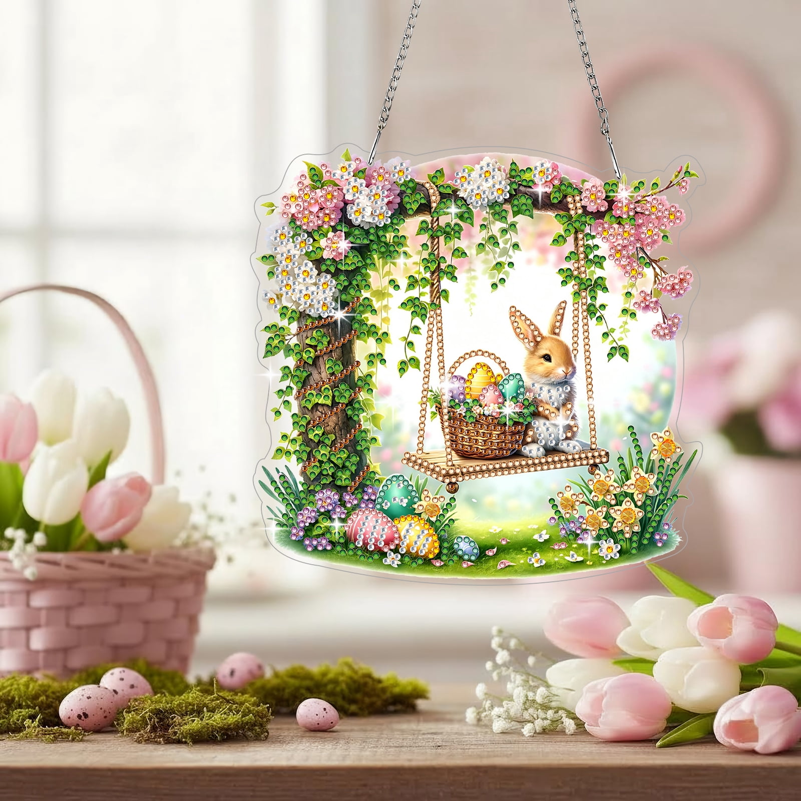 FLOPESN DIY Easter Diamond Art Painting Pendant Kit - 7.08X7.87in Acrylic Single-sided Rhinestone Dotting Pendant Wall Decor-2Pcs