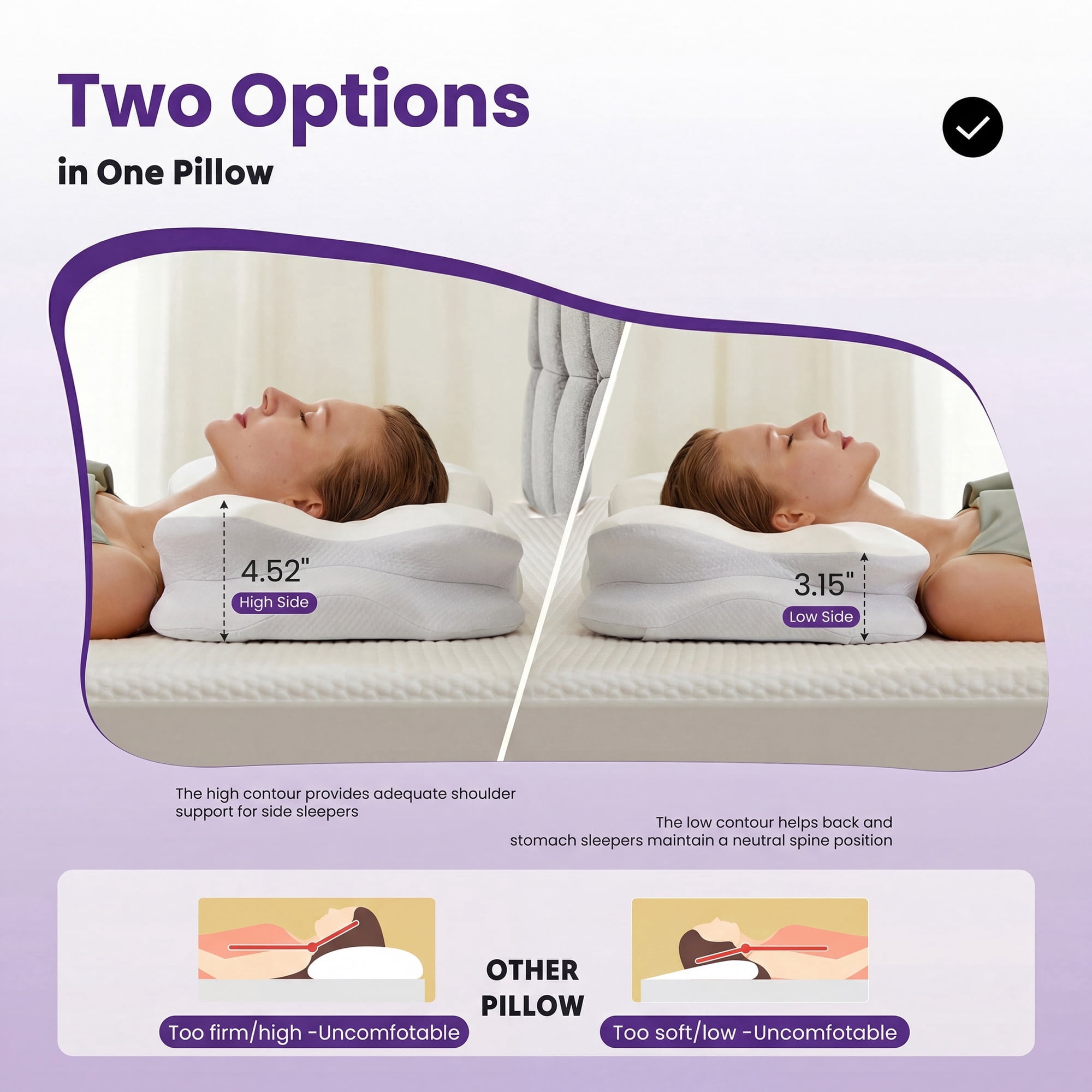 JIOABL Cervical Memory Foam Pillow, Contour Design with 2 Heights, Breathable Cover, Neck Support for Side Back Sleepers, Light Gray