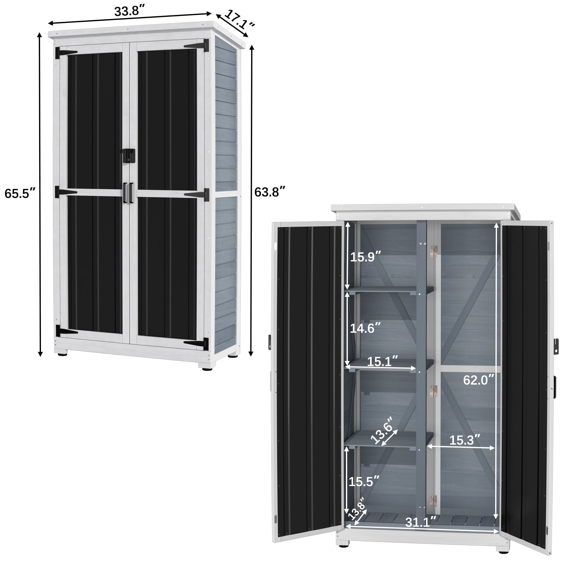 GDLF Outdoor Storage Cabinet Wood & Metal Garden Tool Shed Waterproof Sturdy 66" H