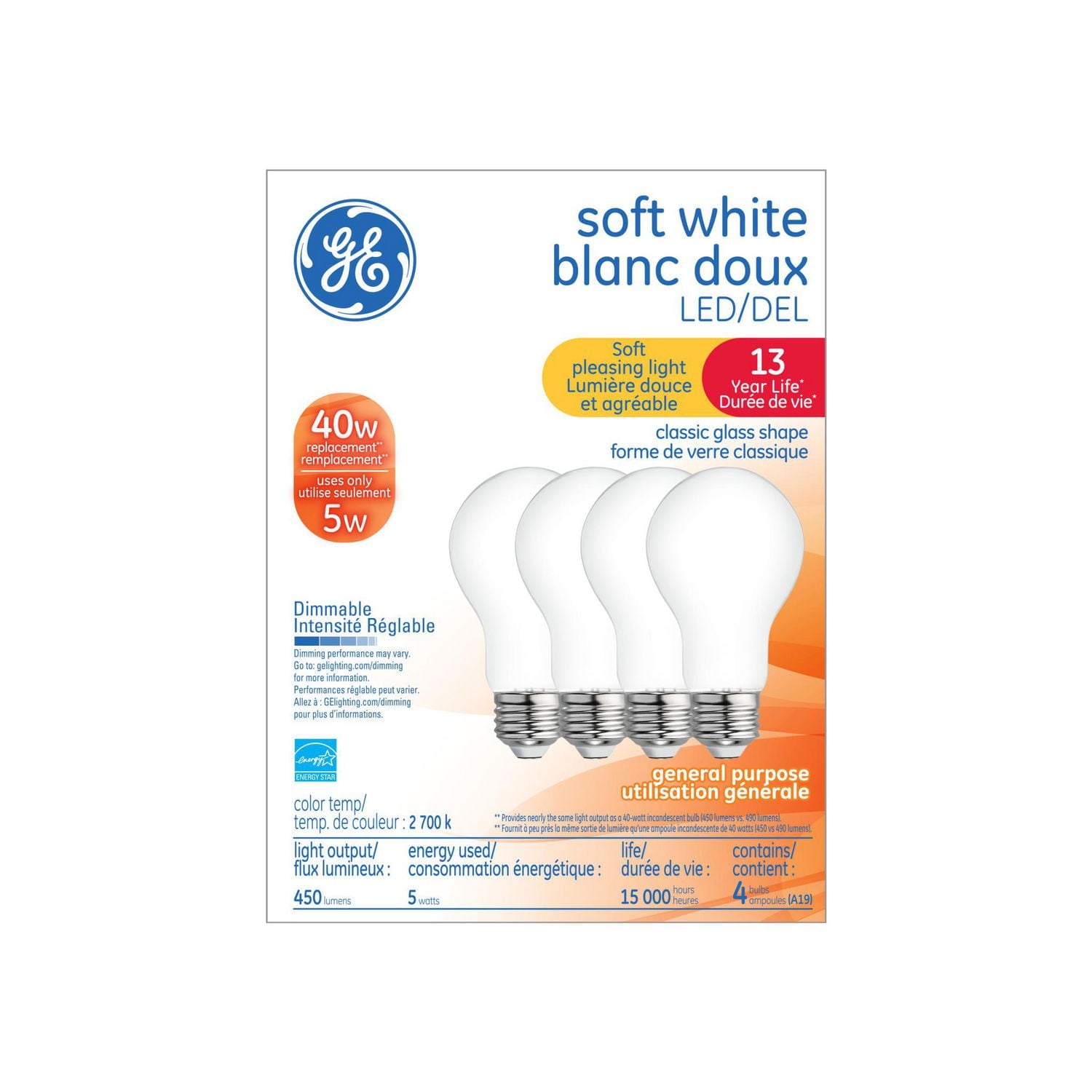 GE 5W LED A19 ESTAR SOFT WHITE 4 PACK