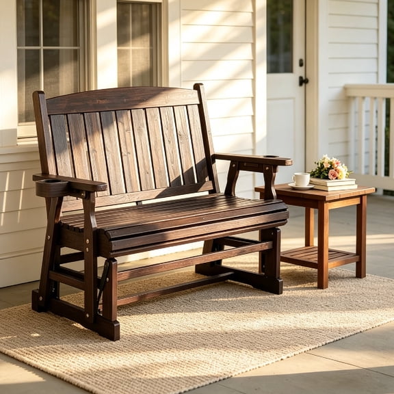 Innovaze Wooden Patio Glider Bench, with Cup Holders, High Back and Deep Contoured Seat, Solid Fir Wood, Heavy Duty 800 LBS,for Outdoor Porch (Deep Brown, 2-Seater)