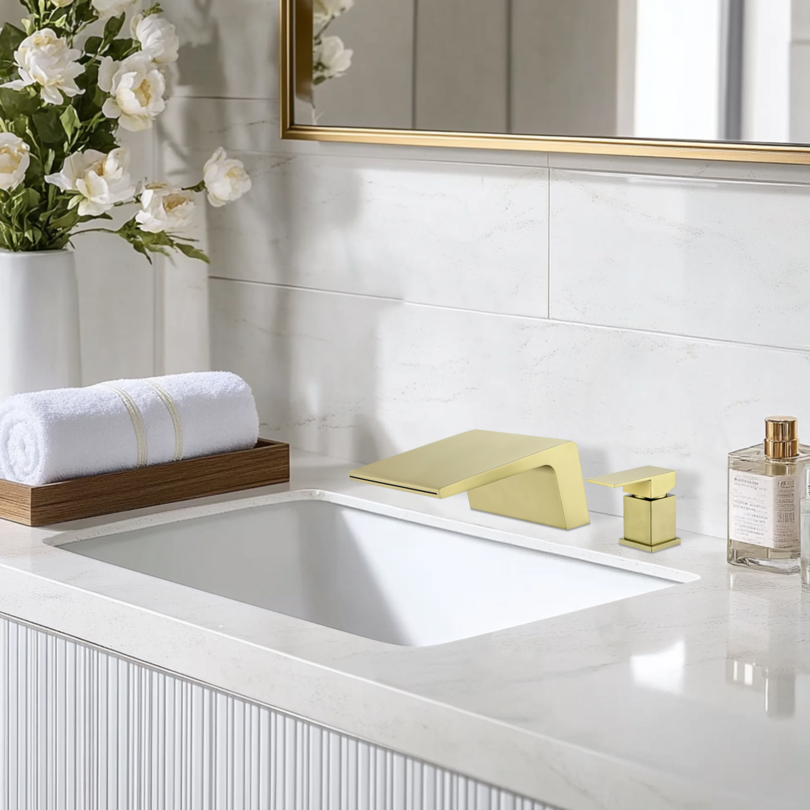 Cobbe Wide Waterfall Spout Modern Bathroom Sink Faucet Single Handle 2-Hole Mount Brushed Gold