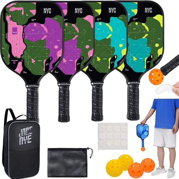 Pickleball Set of 4 Paddles and Balls, JoncAye Lightweight Rackets for Adults and Kids with