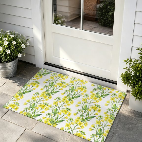 Door Mat 16x24in Spring Yellow Flowers Absorbent Non-Slip Washable Doormat Summer Botanical Dirt Trapping Low Profile Entryway Rug, Indoor Outdoor Welcome Mat for Home Entrance
