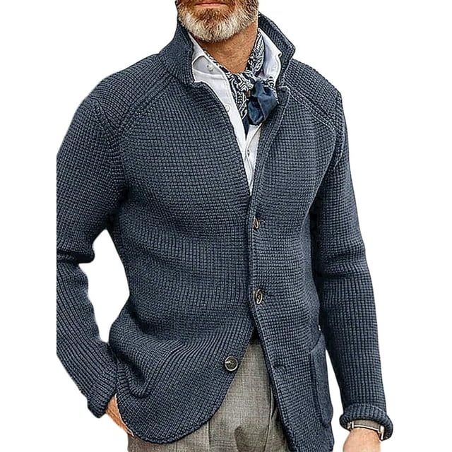 xiaxaixu Men Sweaters Long Sleeve Cardigan Solid Color Stand Collar Button Down Sweaters Fall Winter Knitted Coats with Pockets