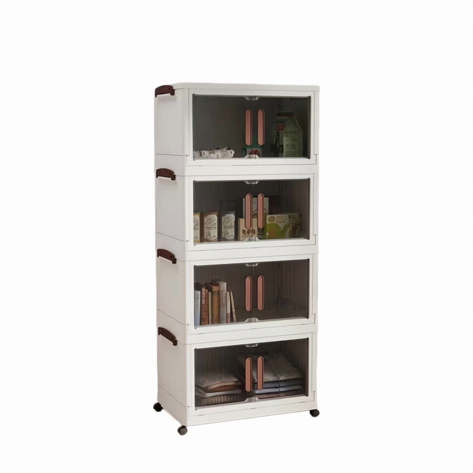 Howcool 3/4/5-Tier Stackable Storage Bins with Lid, Foldable Storage Box Cabinet with Wheels & Acrylic Doors