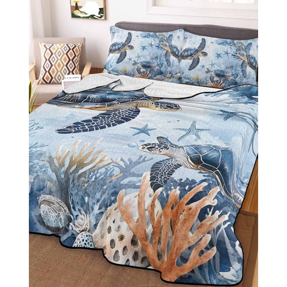 Coastal Beach King Size Down Alternative Comforter, Lightweight Comforter Quilt Bedding Set with Pillow Shams Sea Turtle Nautical Coral Starfish All Seasons Bed Comforter Duvet Insert 96"x106"