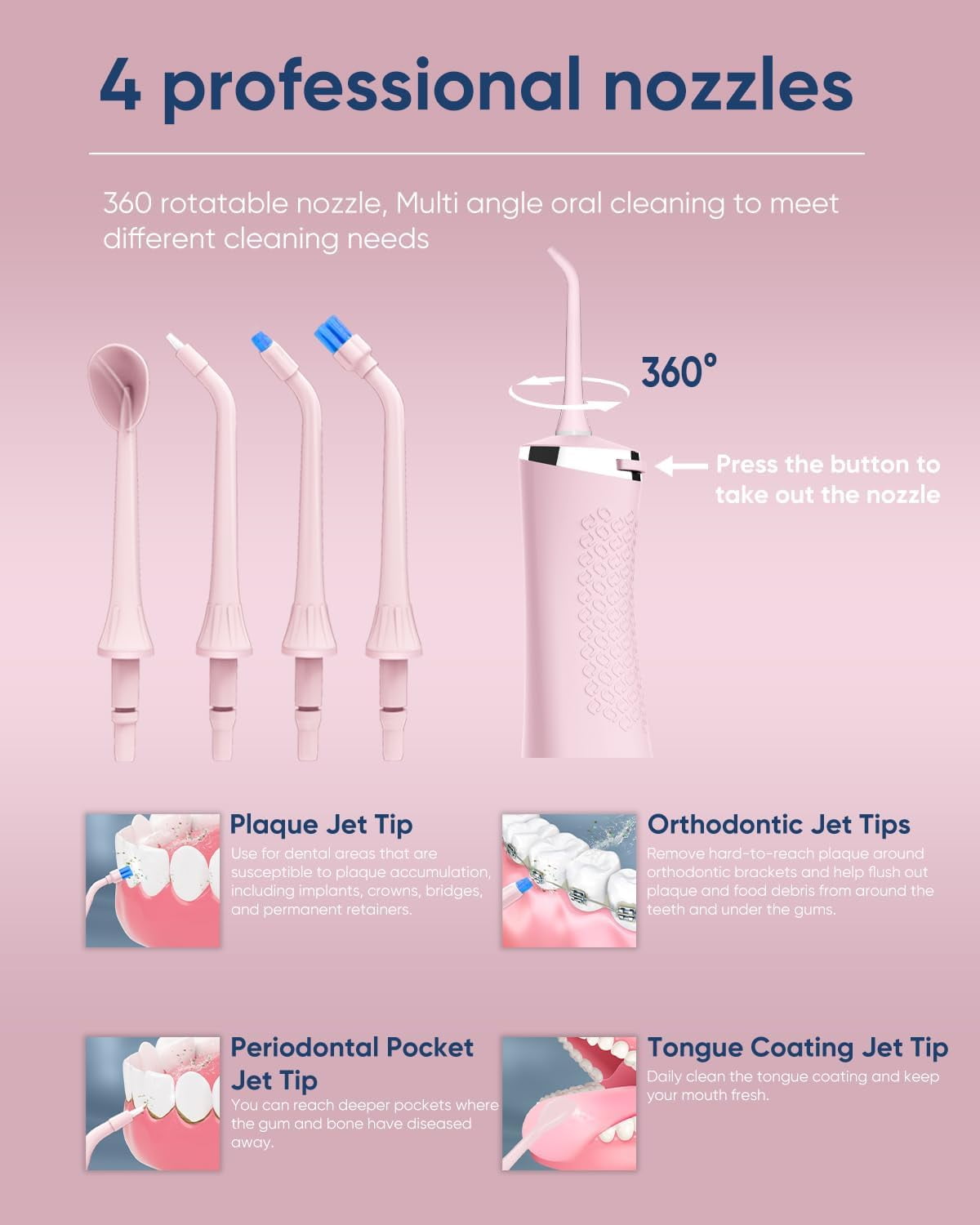 MySmile LP211 Portable Water Flosser Cordless for Teeth Braces, Oral Irrigator, Electric Water Dental Picks, 5 Modes, 8 Jet Tips, Travel Bag, Pink